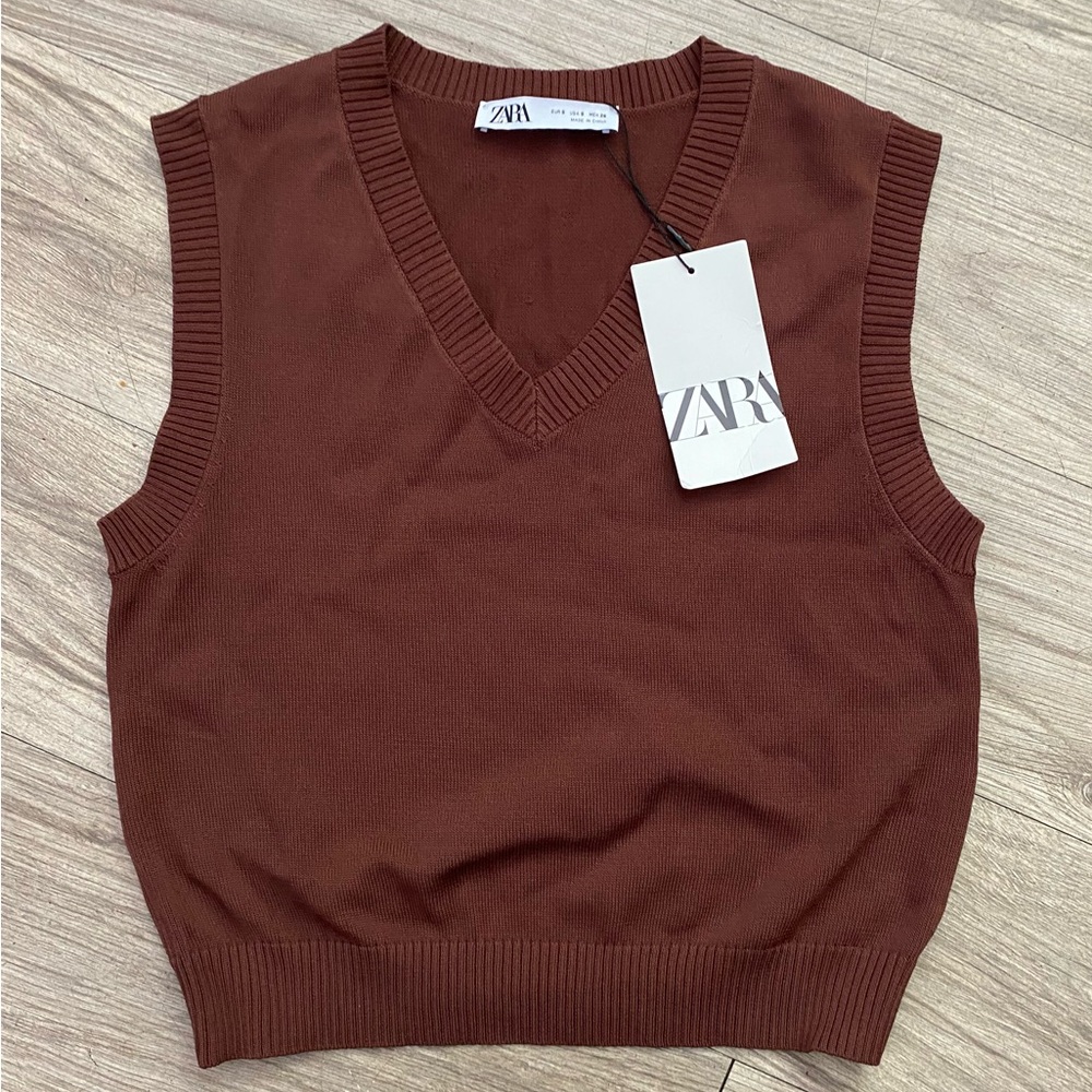 Zara Chocolate Brown V-Neck Sleeveless Knit Vest